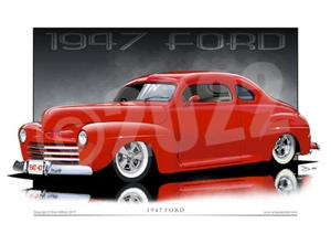 1947 Ford Coupe Art Prints - Old Ford Car Drawing By Unique Autoart - Picture 1 of 6
