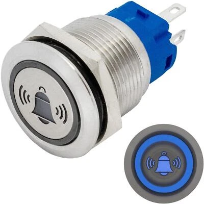 Stainless steel Push button Flat Ø19mm Bell LED Blue IP65 2,8x0,5mm Pins 250V 3A - Image 1 of 3