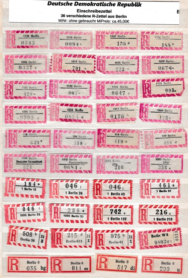 DDR/Berlin gebrauchte Einschreibezettel aus verschiedenen Berliner Postämter - Bild 1 von 1