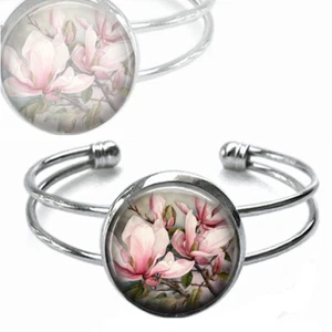Pulsera Rosa Flor Magnolia Plata Vintage Acuarela Estampado Arte Botánico - Imagen 1 de 3