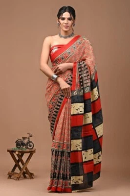 Women Cotton Malmal Designer Saree Indian Beautiful Sari with Unstitch Blouse - Image 1 of 4