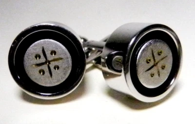 Vintage silvertone Black Enamel Round UNISEX Cufflinks Geometric Etched-MCM - Image 1 of 4