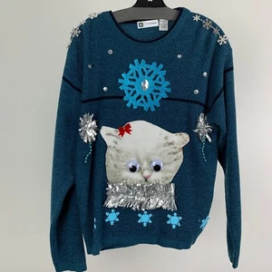 Suéter Feo Navidad Para Hombre Talla Mediana Gatito Gato Ojos Googly Copos de Nieve Único - Imagen 1 de 6
