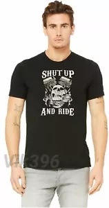 BIKER SKULL BLACK LARGE SHIRT SHUT UP AND RIDE MOTORCYCLE RIDING ENGINE REBEL - Picture 1 of 2