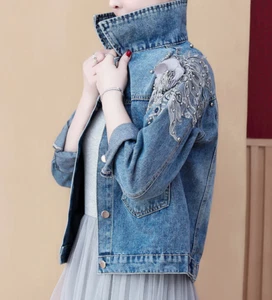 Damen Denim Jacke Taschen Blumenmuster Jeansmantel Oberteil Kleidung Blazer - Bild 1 von 11