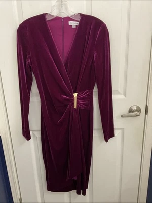Calvin Klein Dress 4 Burgundy/Plum Crushed Velvet Faux Wrap LS Holiday Formal - Image 1 of 4