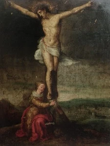 CHRIST CRUCIFIED WITH SAINT MARY MAGDALENE. FLEMISH SCHOOL. OIL ON COPPER. 17TH - Picture 1 of 5
