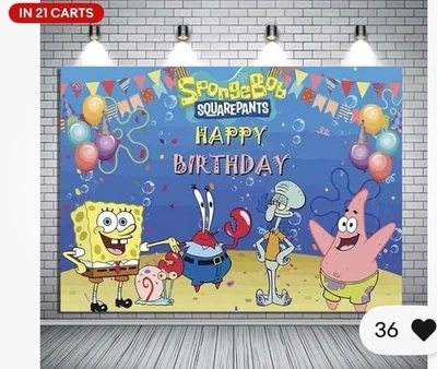 SpongeBob SquarePants Birthday Party Decoration, 5x3.5ft Happy Birthday Backdrop - Image 1 of 3