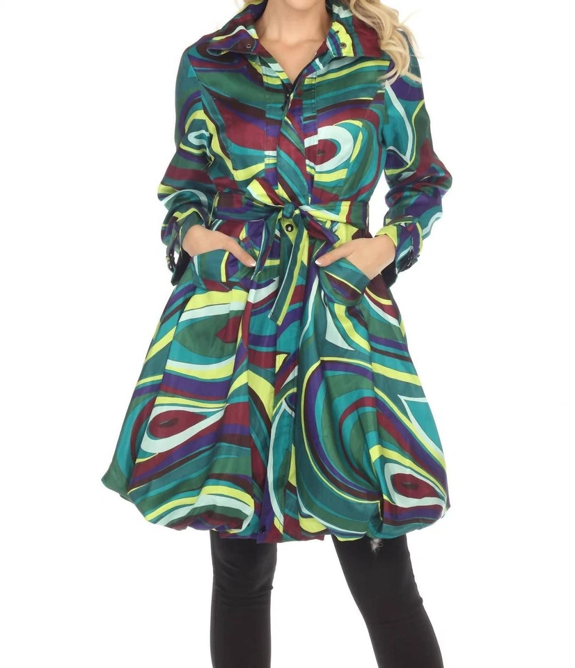 Samuel Dong Belted Water Resistant Bubble Trench Coat Green/cobalt - Image 1 of 1