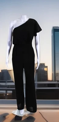 BCBG Eneration Side Zip Ruffled One Shoulder Wide Leg Jumpsuit Black Size 0 - Image 1 of 4