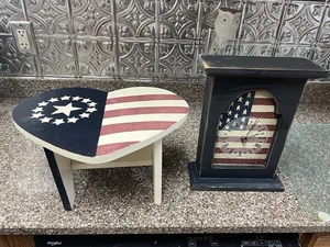 Patriotic Mini Mantel Clock and Stool 4th July/ Memorial Day Red White Blue - Picture 1 of 10