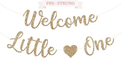 Banner Welcome Little One Pre-Strung - Sin Hágalo Usted Mismo - Brillo Dorado Baby Shower Género  Foto 1 de 4