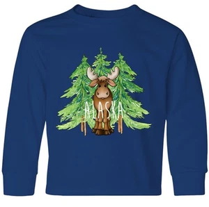 Inktastic Alaska Moose And Trees Youth Long Sleeve T-Shirt States Boodlebug Home - Picture 1 of 5
