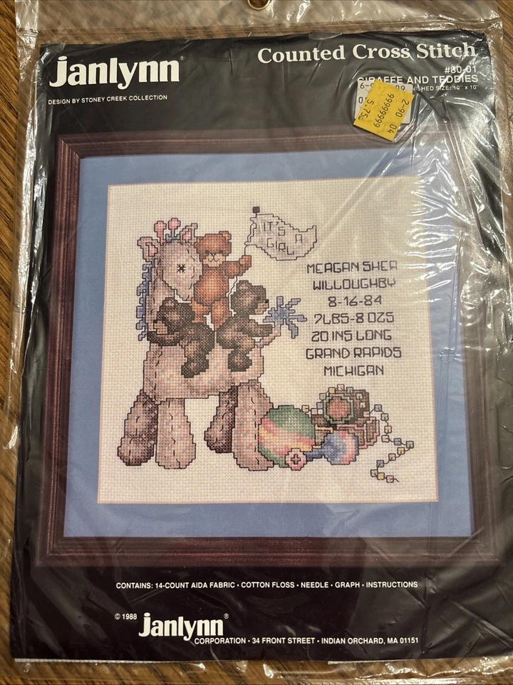 Janlynn Counted Cross Stitch Kit Baby Birth Record Giraffe Teddies 10" x 10" NEW - Image 1 of 3