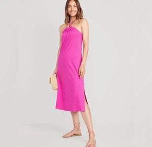 Vecchio Abito Navy Slub-Knit O-Ring Halter Maxi Fucsia Taglia L - Foto 1 di 11