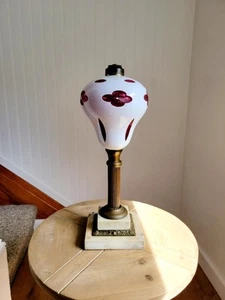 Antique 19th Century Large Boston Sandwich Cranberry Oil Lamp 15"x 5 1/2" - Picture 1 of 15