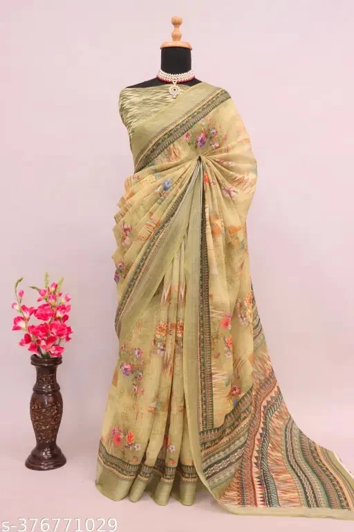 Saris de algodón y lino para mujer con pieza blusa para correr Foto 1 de 1