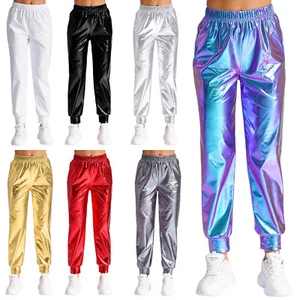 Womens Shiny Metallic Pants Holographic Wide Legs High Waist Trousers Party AU - Picture 1 of 92