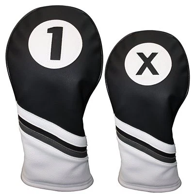 Majek Golf Headcover Black & White Leather Style 1 & X Driver & Wood Head Cover - Image 1 of 4