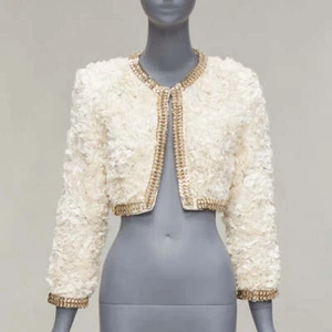 GIVENCHY 100% silk cream applique ruffle gold brass chain cropped jacket S - Picture 1 of 9