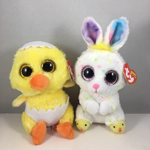 SETof 2 Ty Easter Beanie Boos 6" DUSTY (Bunny Rabbit) and PEETIE (Chick in Egg) - Picture 1 of 5