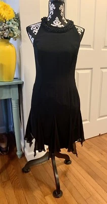 Vestido negro de cóctel Bill Blass talla 10 con escote halter con cuentas/correa en T trasera Foto 1 de 4
