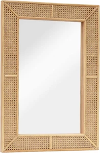 Wooden and Rattan Mirrors, Boho Rectangle Wall Mirror for Living Room, Bedroom, - Picture 1 of 6