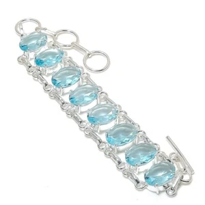 Aqua Aquamarine Gemstone Handmade 925 Sterling Silver Jewelry Bracelet Size 7-8" - Picture 1 of 1