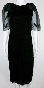 Vintage 80s Horchow Black Velvet Dress Sz 6 Sheer Floral Sleeves Made USA Party - Picture 1 of 4
