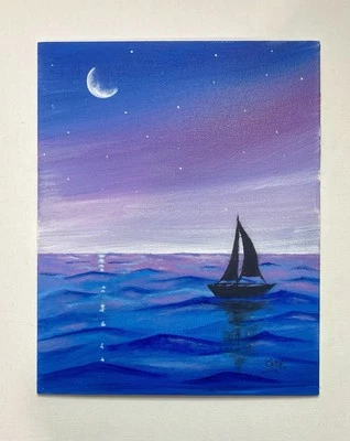 Arte original acrílico paisaje “luz de luna” sobre panel de lienzo, 8 por 10 pulgadas Foto 1 de 2