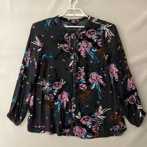 Torrid Blouse Black Pink Floral Button Up Crinkle Gauze Peasant  Womens 1X - Picture 1 of 14