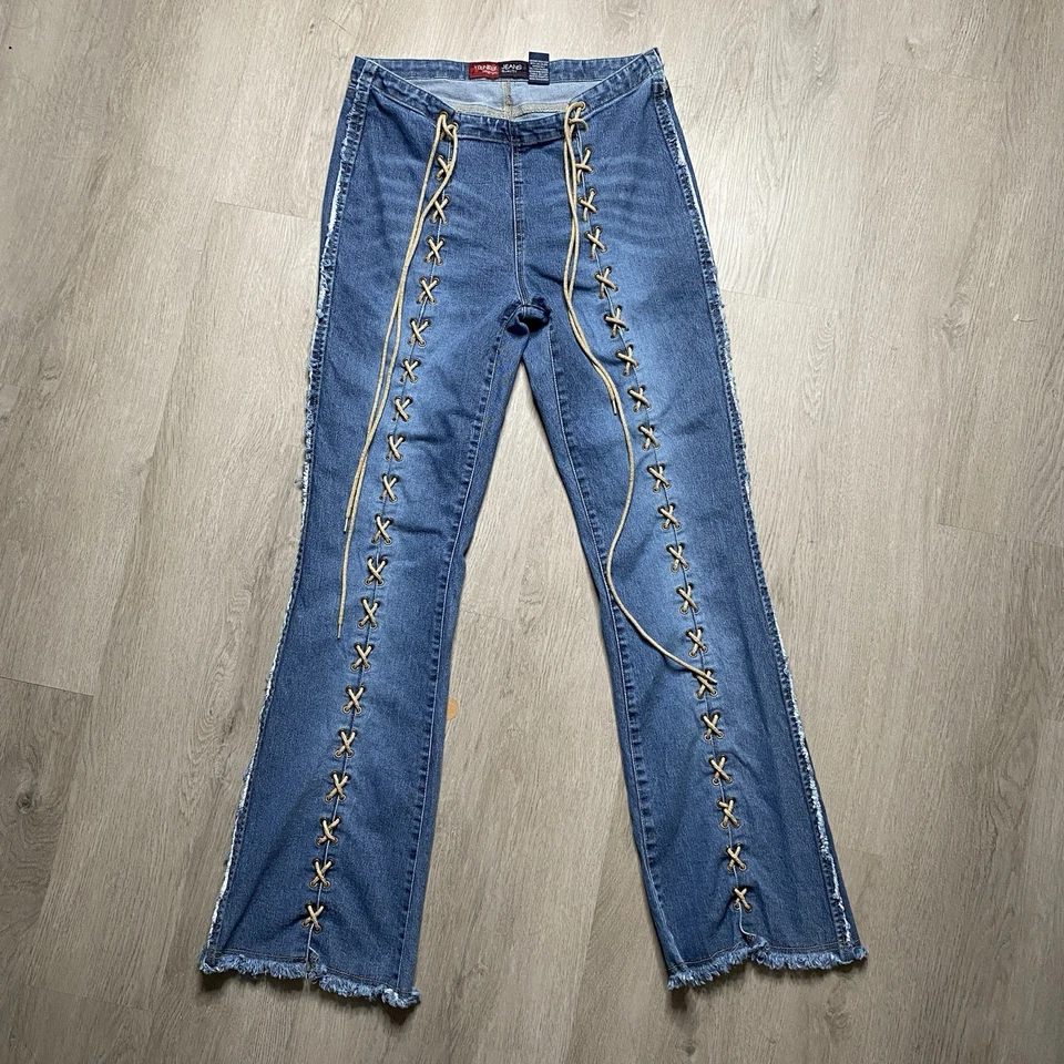 Pantalones de mezclilla acampanados vintage Y2k Younique para mujer 13 azules bajos boho hippie con cordones años 00 Foto 1 de 4