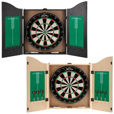 XQ Max Sisal Dartboard Centre Home Set Wood Cabinet Scoreboard 6 Darts Included - Image 1 of 2