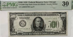 $500 Bill 1928  Federal Reserve Note Chicago Fr#2200-Gdgs  PMG-30 Very Fine G/A - Picture 1 of 2