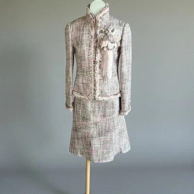 Traje Mac & Jac Tweed Rosa Tostado Borde Crudo Blazer Falda Completa Flor Talla 6 Foto 1 de 4