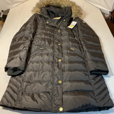 Michael Kors NWT Black Long Faux Fur Down Puffer Coat Size Petite M Gold Accents - Image 1 of 4