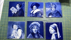 Set 6 Delft Blue 6” Hand Painted Tiles Holland Blue & White Rembrandt - Picture 1 of 16