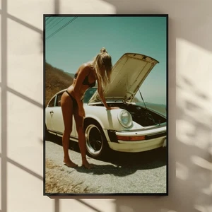 Vintage Porsche Bikini Poster – Retro Car Girl Wall Art, Classic Beach Decor - Picture 1 of 5