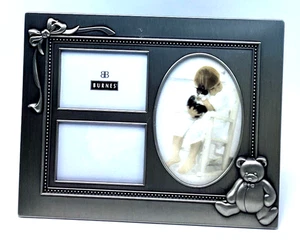 Burnes of Boston Schleife & Teddybär Baby Bilderrahmen 9"x7" Silber Zinn Metall - Bild 1 von 8