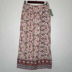 NWT Coldwater Creek Linen Midi Skirt Womens XS Pink Aztec Tribal Boho Floral - Picture 1 of 12