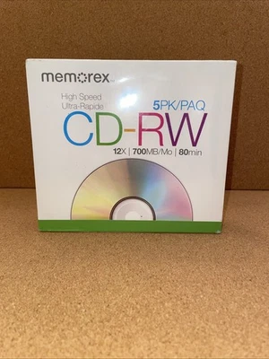 Memorex 5 Pack High Speed Blank CD-RW 12x 700MB/Mo 80 Minutes with Cases- New - Image 1 of 3