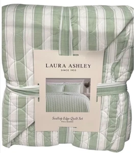 Laura Ashley Green and White Striped Scallop Edge Full/Queen Quilt 90”x90” - Picture 1 of 4