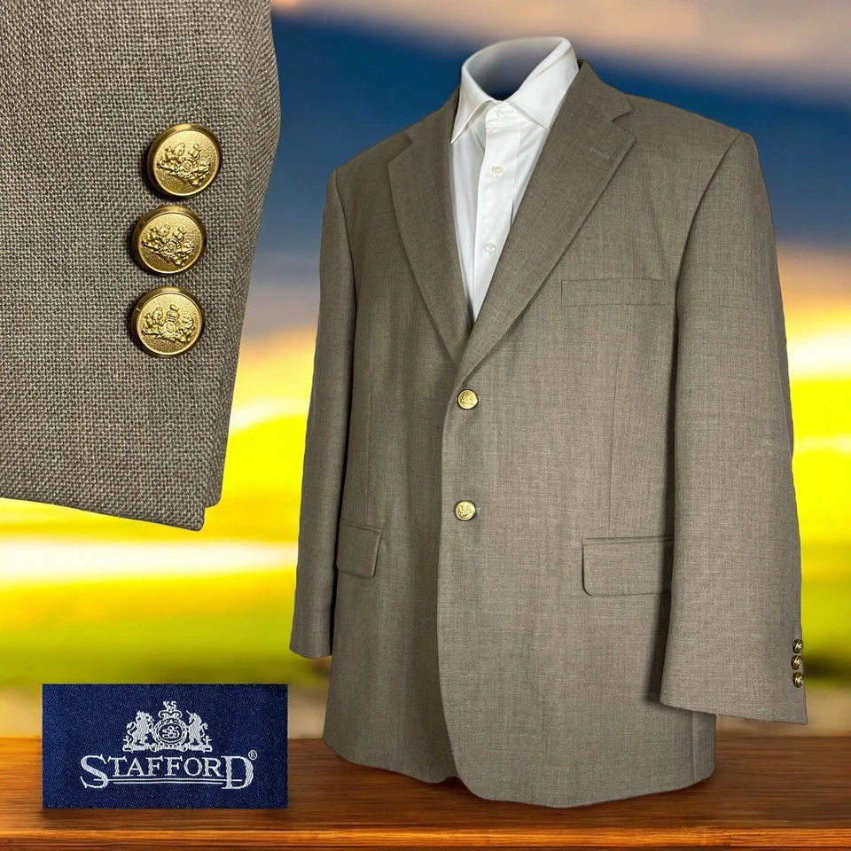 Chaqueta Blazer Stafford Para Hombre 44S Beige Texturizado Poliéster Latón Metal Botones Foto 1 de 4