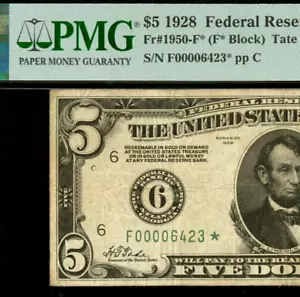 1928 $5 FRN PMG 20 - Redeemable in Gold - Atlanta Star - Low Serial Number 6423* - Picture 1 of 3