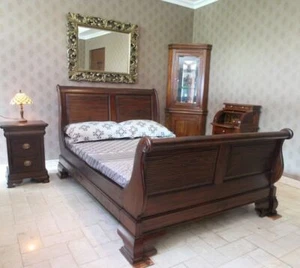 Solid Mahogany Wood Queen Size Highfoot Sleigh Bed Antique Reproduction Style - Picture 1 of 8