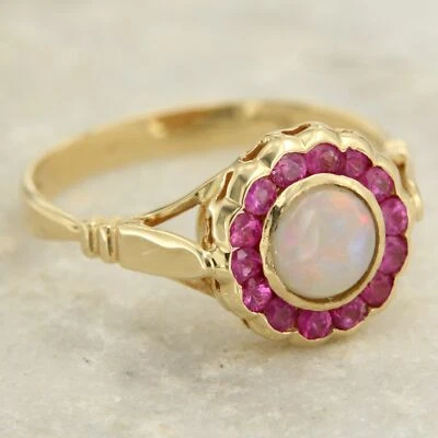 Bague en OR Jaune 14 Carats k OPALE Naturelle Veritable et RUBIS Cocktail Sertie - Photo 1/4