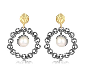 Gemstone Cuban Chain Earrings Gold Black Tone Dangle Earrings With Pearl Stone