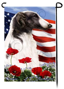Patriotic Flowers Garden Flag - Black and White Borzoi - Picture 1 of 1