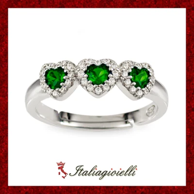 Splendido Anello Trilogy Cuori Smeraldo in Argento 925 Rodiato Oro Bianco - Immagine 1 di 3