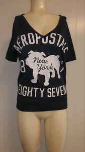 Aeropostale Womens Size S/P Navy Blue Short Sleeve Off Shoulder Bulldog New York - Picture 1 of 8